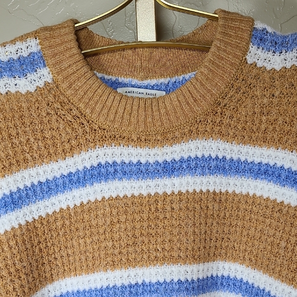 American Eagle Outfitters Tan and Blue Striped Oversized Crewneck Sweater XXL - Picture 3 of 10